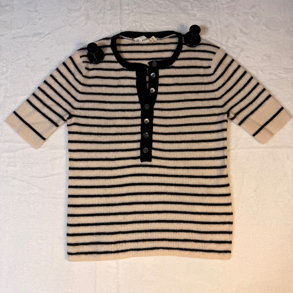 Everlane Ultrasoft Merino Wool Striped Henley Sweater Cream Black Size S